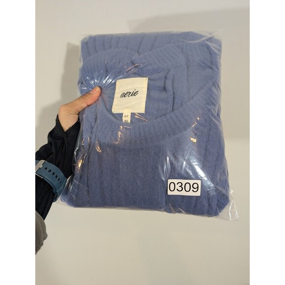 Aerie Sweater Women Sz S Blue Ribbed Buttercream Oversized Slouchy Pullover - Picture 7 of 7